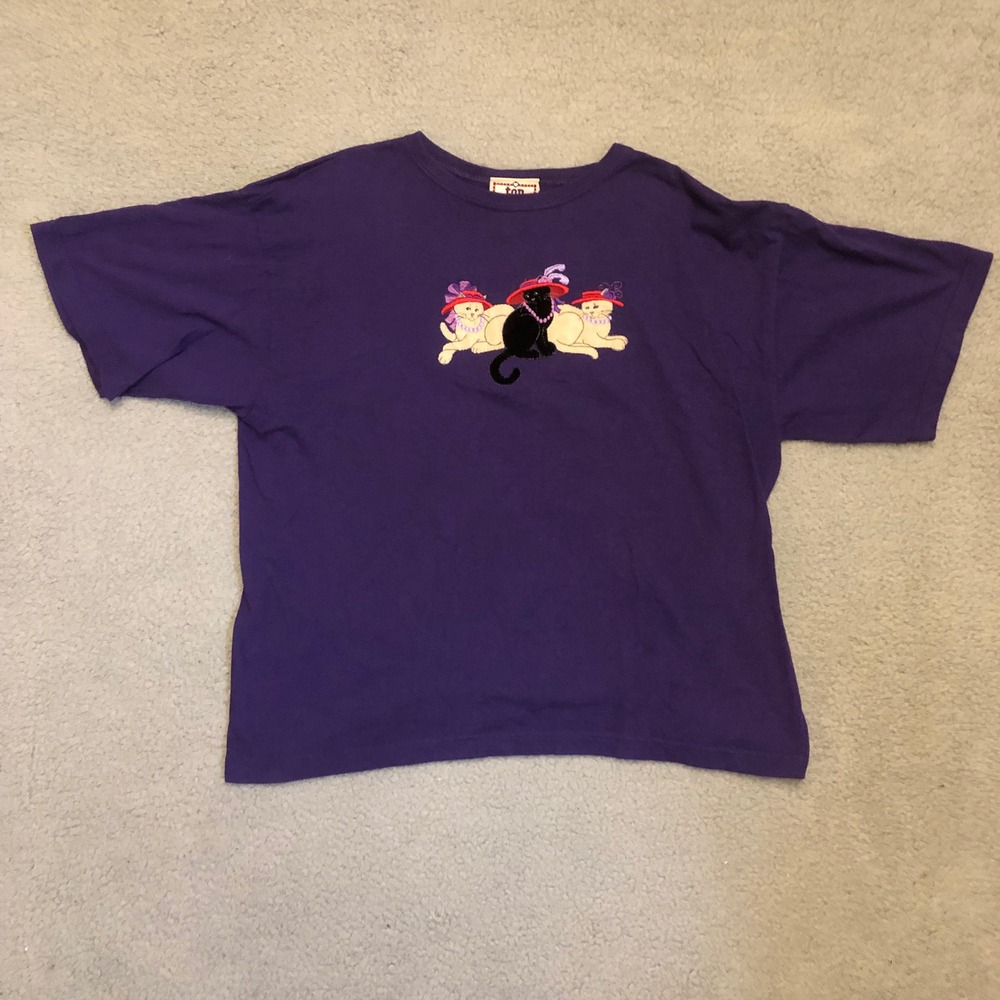 Vtg 90s Top Stitch Morning Sun Purple Cat Embroidery‎ T-Shirt XL Made in USA